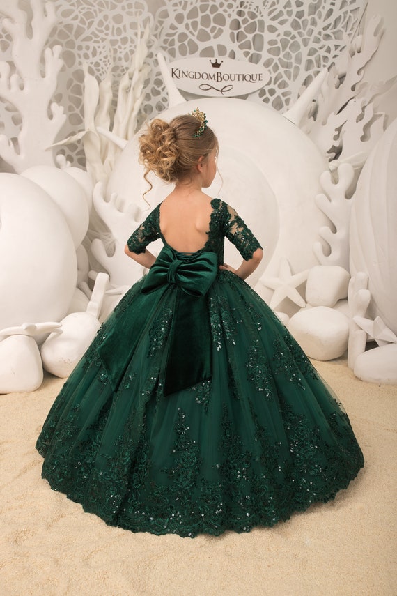 Vestido de niña de flores formal de media manga de tul de encaje verde  esmeralda para ocasión especial fiesta de dama de honor desfile de bodas  sesión de fotos de cumpleaños 