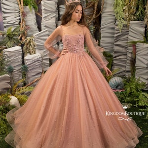 Blush rosa Cappuccino-Spitze Tüll lange Ärmel Blumenmädchen Kleid für besonderen Anlass Brautjungfer Party Hochzeit Festzug Fotoshooting Weihnachten