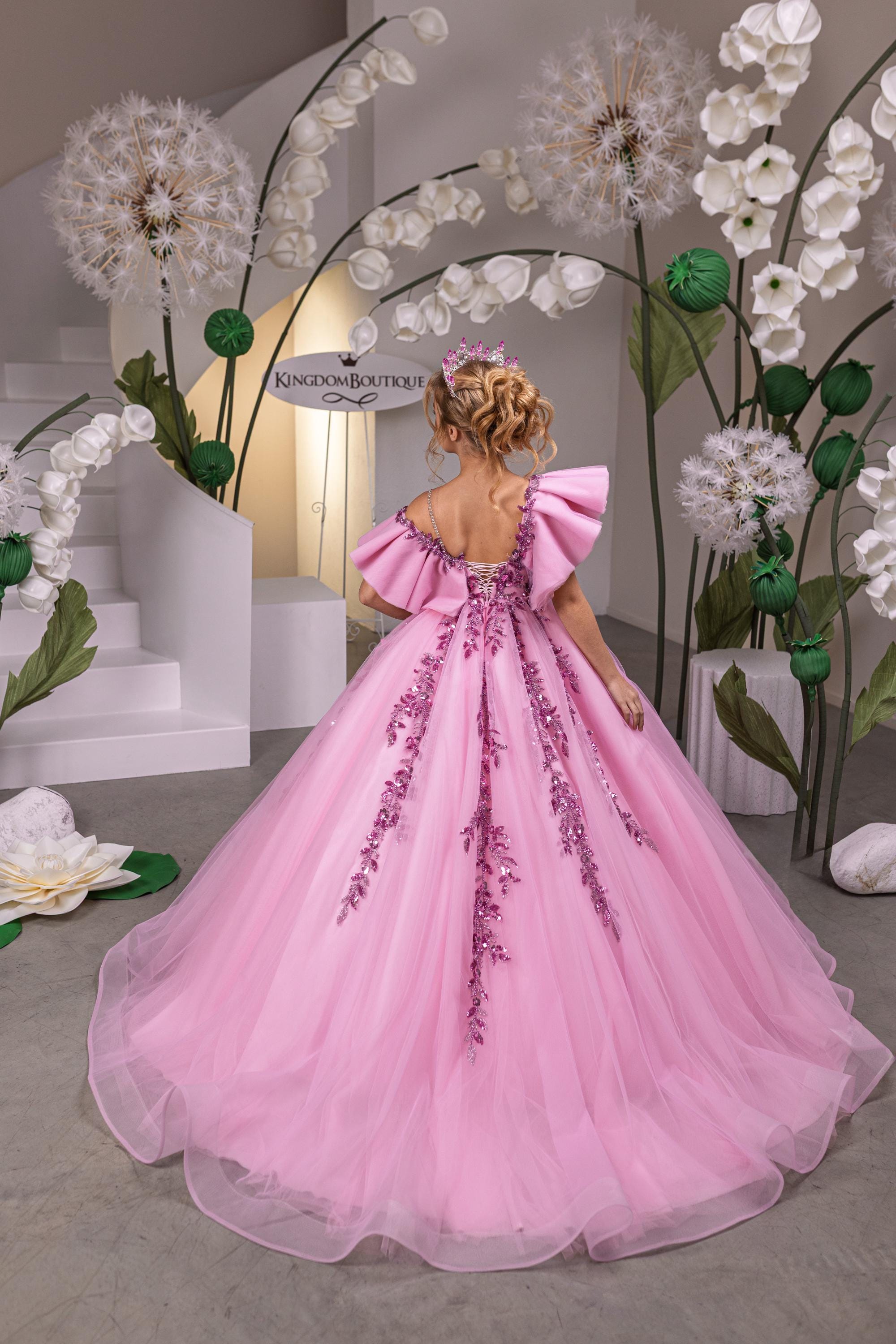 pink lace and tulle dress Pink Tulle A-line Scoop Lace Prom Dresses With Train, Long Formal Dresses,  MP717