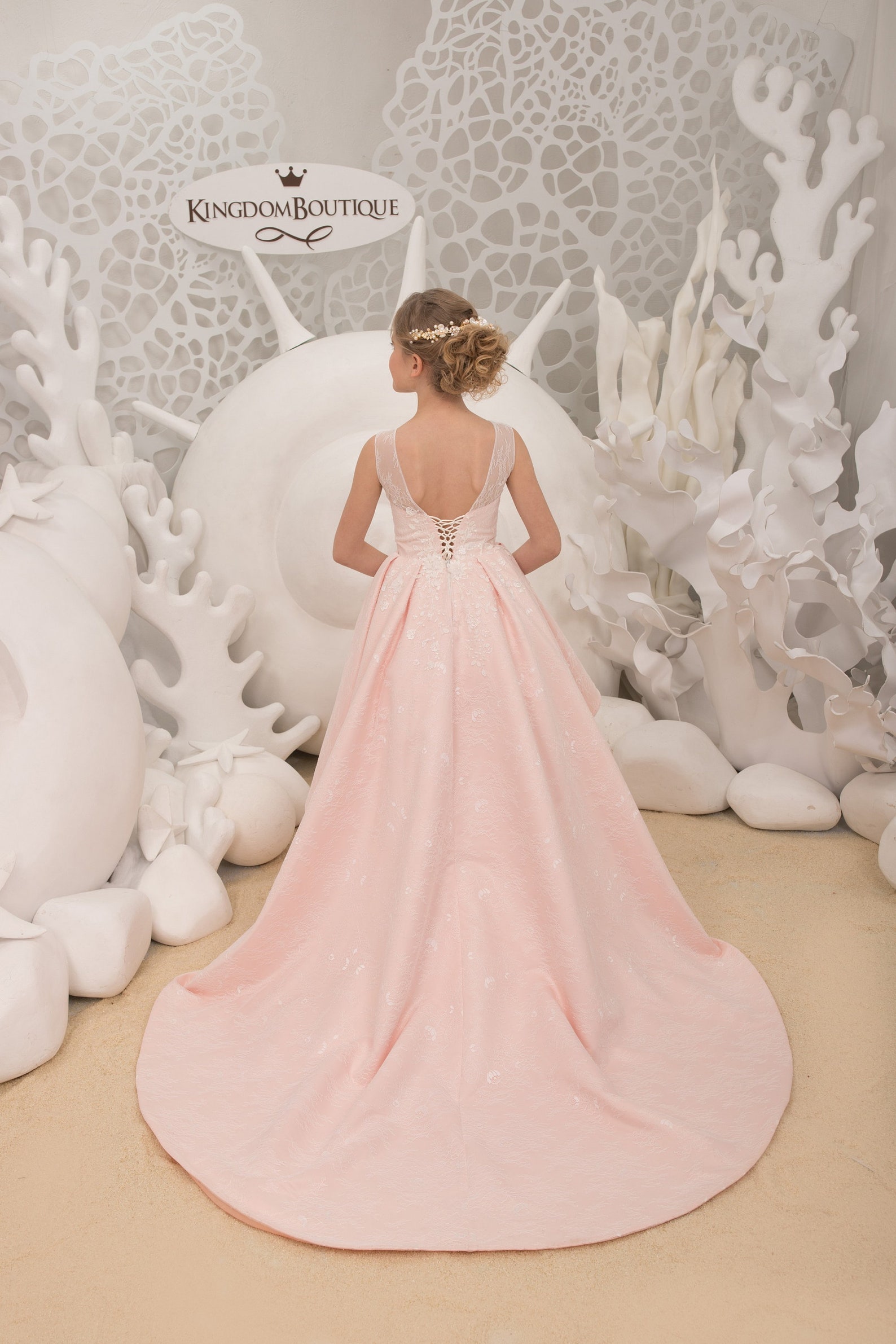 Long Sleeves Pink Crystal Beaded Wedding Flower Girl Dress Birthday Party