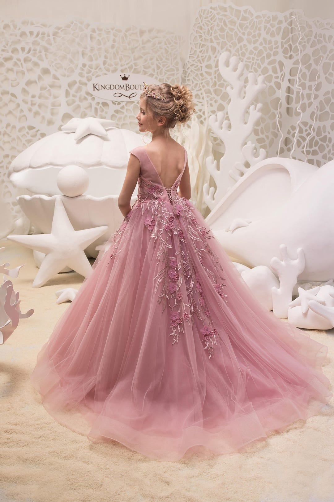 Abito Da Principessa Per Ragazze Con Fiori E Paillettes, Tutù Tulle Arcobaleno, Rosa Baby, Taglia 8-9 Anni