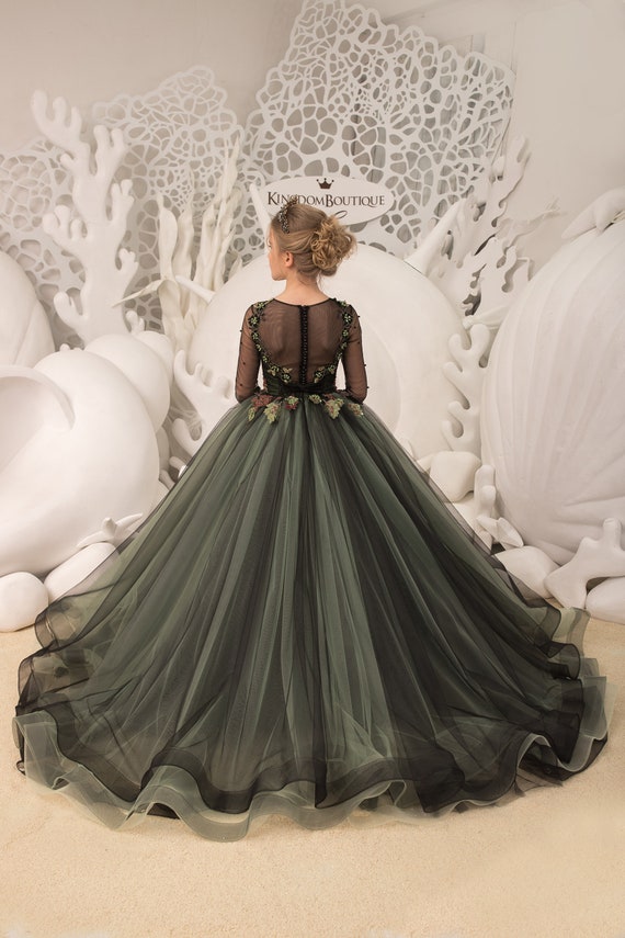Black and Sage lace tulle long sleeve formal flower girl dress for special occasion bridesmaid party wedding pageant birthday Christmas Black and Sage lace tulle long sleeve formal flower girl dress for special occasion bridesmaid party wedding pageant birthday Christmas