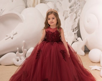 Maroon Flower Girl Dress - Birthday Wedding party Bridesmaid Holiday Maroon Lace Flower Girl Dress 21-076