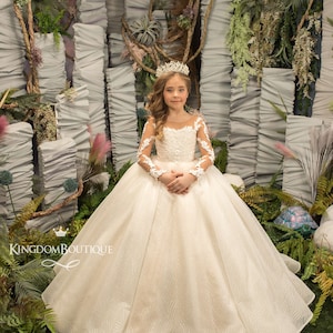 Elfenbein Spitze Tüll lange Ärmel Blumenmädchen Kleid für besondere Anlässe Brautjungfer Party Hochzeit Festzug Erstkommunion Geburtstag Fotoshooting