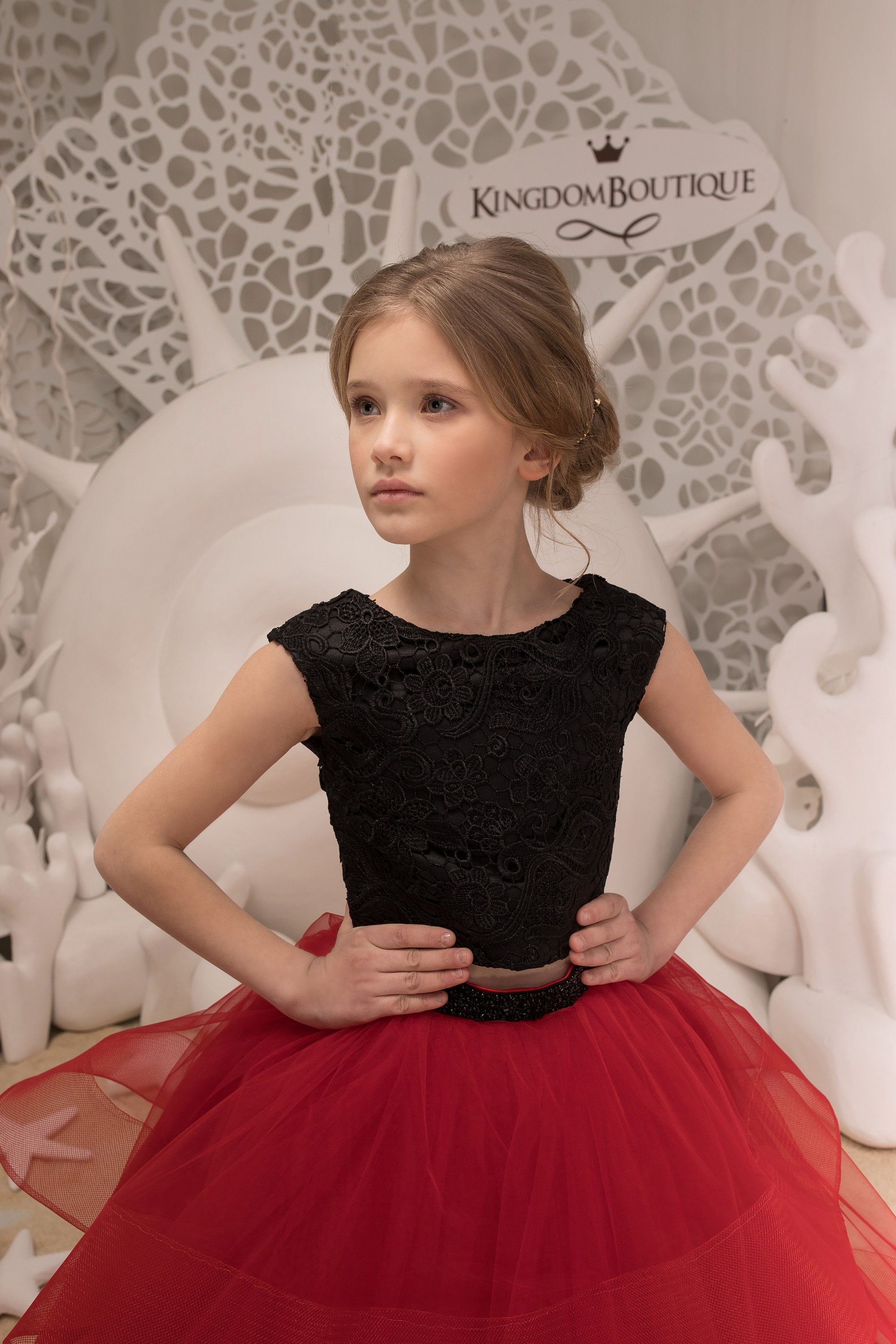 Black and Red two pieces lace tulle formal flower girl dress for special occasion bridesmaid party wedding pageant photoshoot birthday Black and Red two pieces lace tulle formal flower girl dress for special occasion bridesmaid party wedding pageant photoshoot birthday