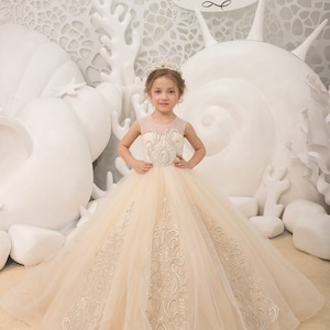 Champagner Spitze Tüll formale Blumenmädchen Kleid für besonderen Anlass Brautjungfer Party Hochzeit Festzug Geburtstag Fotoshooting Erstkommunion