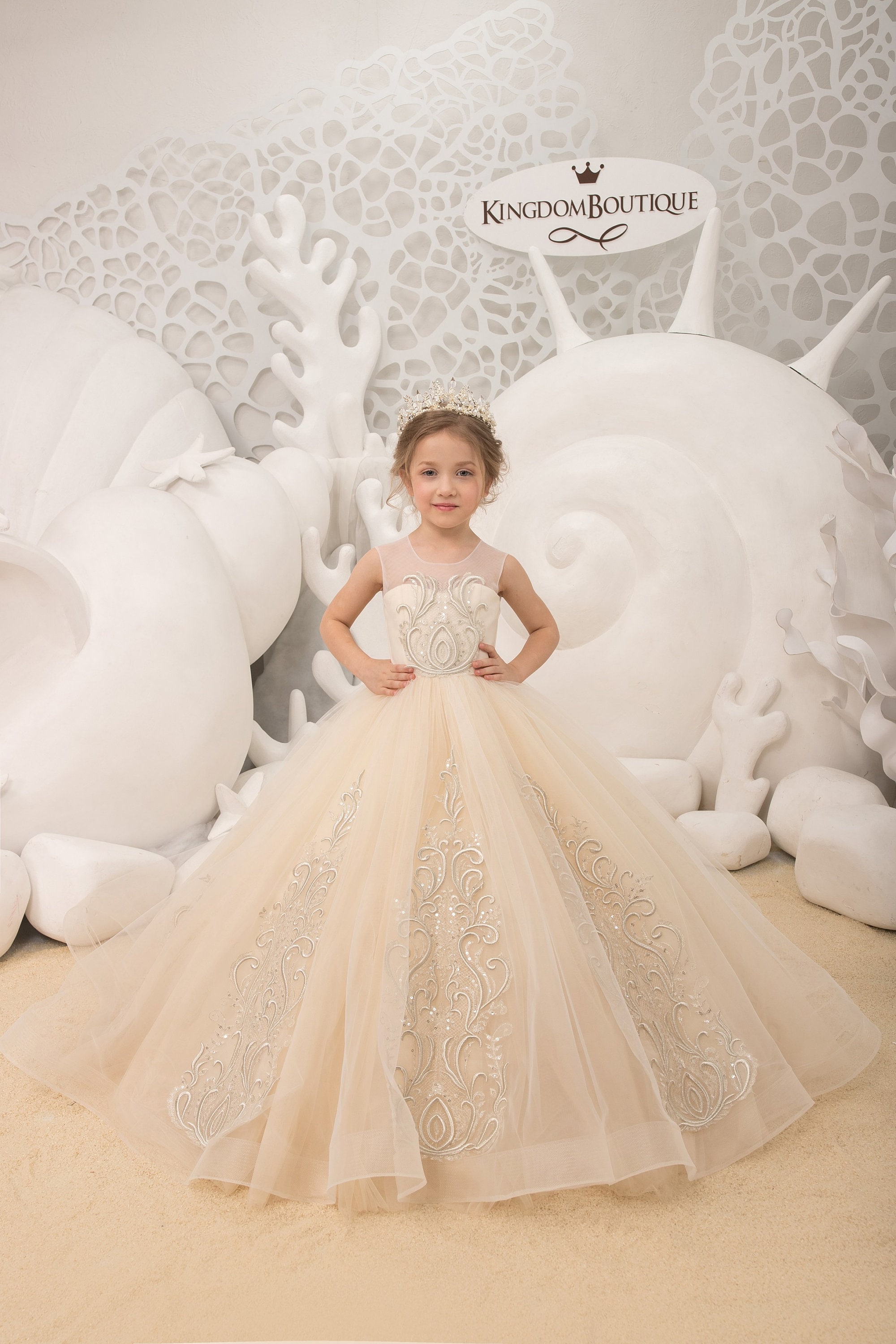 Champagne lace tulle formal flower girl dress for special occasion bridesmaid party wedding pageant birthday photoshoot first communion