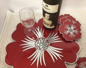 Handmade Flower Resin Tray and Coasters – Red & Silver Decor