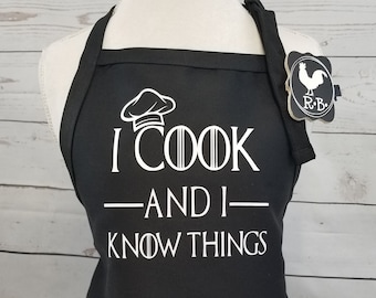 Apron, I cook and I know things, Mens Apron, Womens Apron, Gift for Him, Gift for Her, Bachelor Party Gift, Bridal Shower Gift