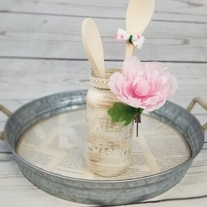 Farmhouse Painted Jar with Flowers, Shabby Chic Decor, Mason Jar Decor