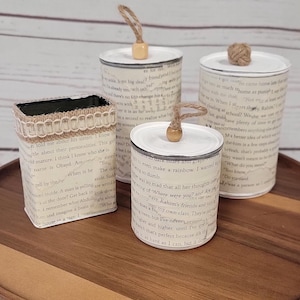 Rustic Home Decor, Farm House Set of 4 Tin Cans with 3 lids, Decorated Cans, Distressed Decor, Upcycled Cans, Vase