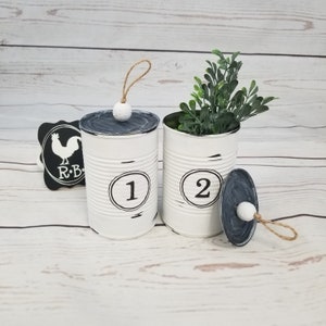 Rustic Home Decor, Farm House Set of 2 Tin Cans with lids, Decorated Cans, Distressed Decor, Upcycled Cans, Vase