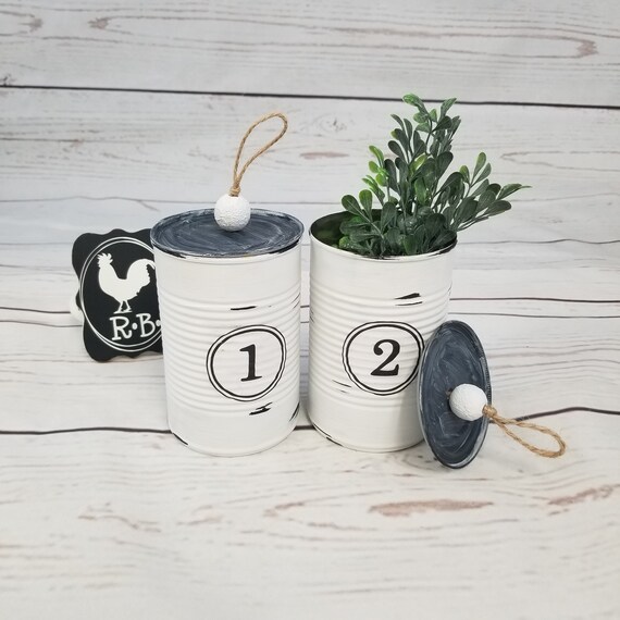 Rustic Home Decor, Farm House Set of 2 Tin Cans With Lids, Decorated Cans,  Distressed Decor, Upcycled Cans, Vase 