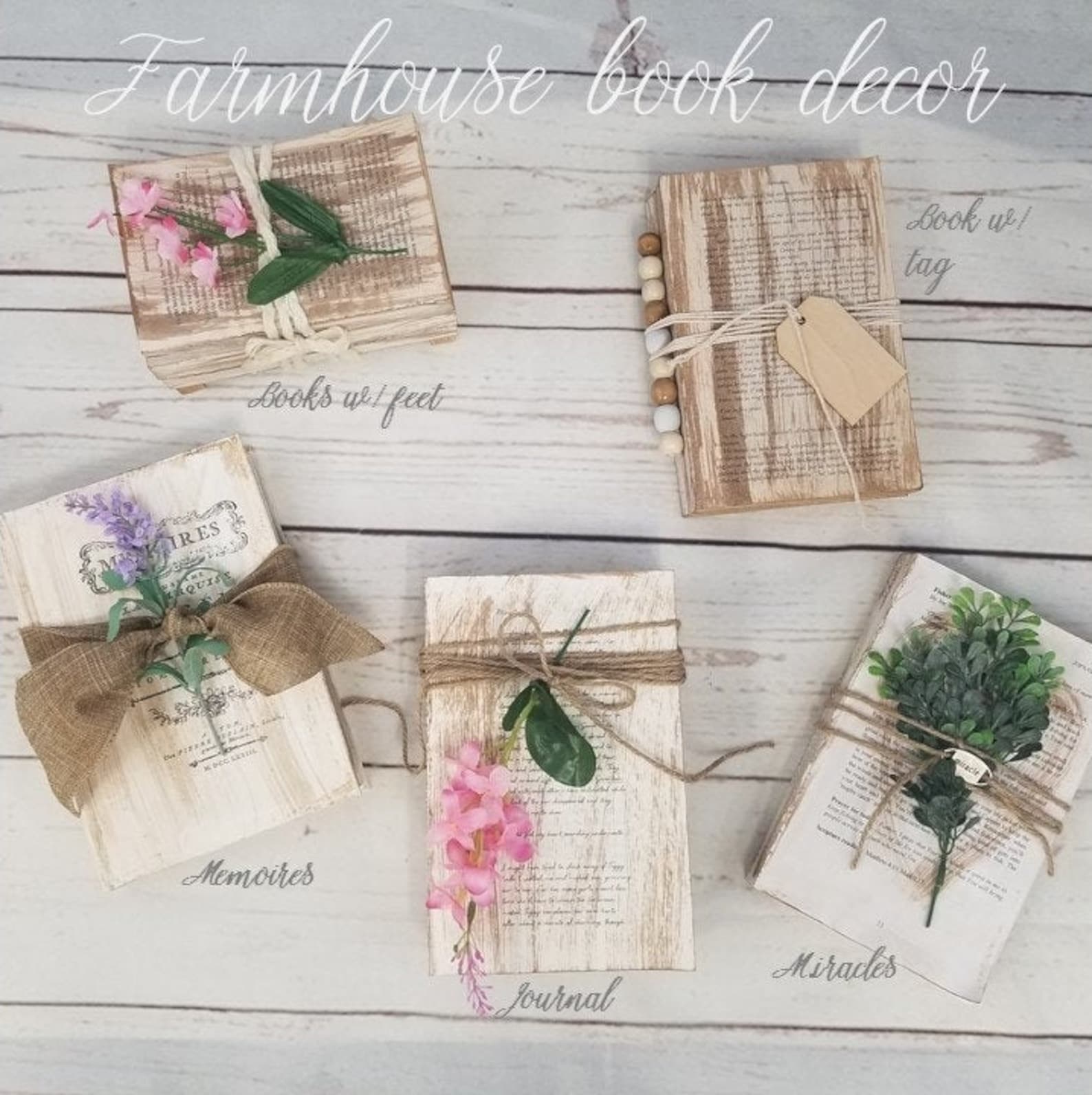 Farmhouse Decorative Stacked Books Shabby Chic Bookshelf | Etsy