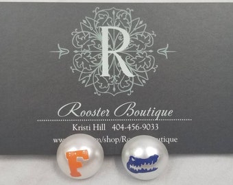 Florida Earrings, Pearl Stud Earrings, 14mm, 16mm, SEC Football Jewelry - Game Day Football Accessories