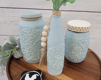 Painted Jar set of 3,  Country Blue, Shabby Chic French Country Decor,  Mason Jar Decor