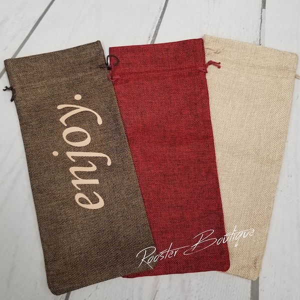 Personalized Burlap Drawstring Wine Bags, Wine Bottle Bags Monogrammed, Wedding Gift, Housewarming Gift, Christmas Gift