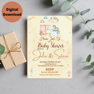 Crib Gender Reveal Invitation,  Crib and Horse Gender Reveal Party Invite Template, He Or She, Boy Or Girl, DIY Canva Template