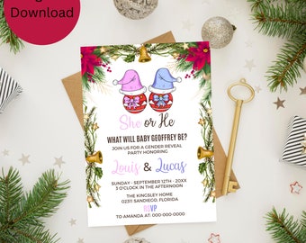 May include: A gender reveal party invitation with a Christmas theme. The invitation features two ornaments, one pink and one blue, with Santa hats. The text reads "She or He? What will baby Geoffrey be?" and includes the names "Louis & Lucas" and the date and time of the party.