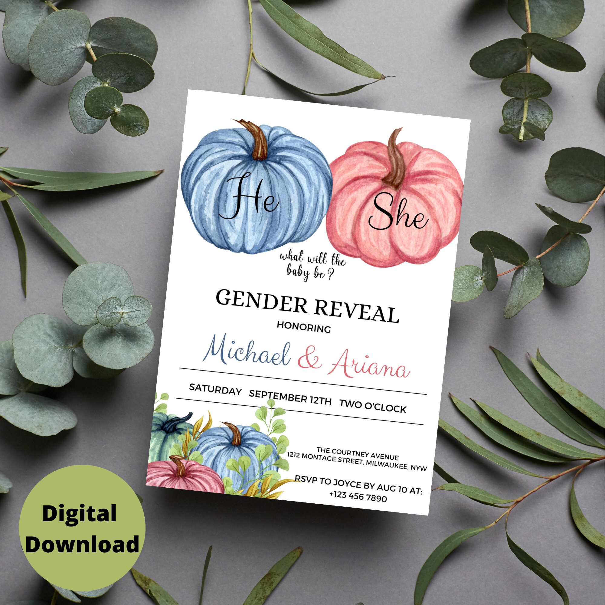 Pumpkin Gender Reveal Invitation Pink and Blue Fall Pumpkin Gender Reveal Party Invite Template He Or She Boy Or GirlCanva