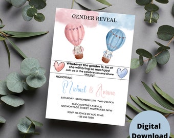 Elephant Hot Air Balloon Gender Reveal Invitation, Gender Reveal Party Invite Template, He Or She, Boy Or Girl, DIY Canva Template
