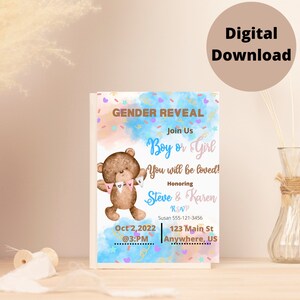 Gender Reveal Bear Love Invitation Download, Gender Reveal Invitation Template, Gender Neutral Baby Shower, Canva Template