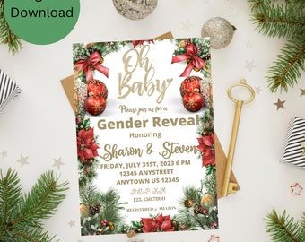 May include: A Christmas-themed gender reveal invitation with a white background and gold glitter text that reads "Oh Baby". The invitation features a red and green wreath with baubles and pine cones. The text also includes the names "Sharon & Steven" and the date "Friday, July 31st, 2023 6 PM".
