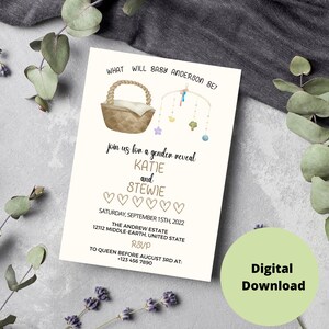 Gender Reveal Invitation Baby Basket, Editable Gender Reveal Invite, Printable He Or She, Boy Or Girl,Boho, Minimalistic Canva Template