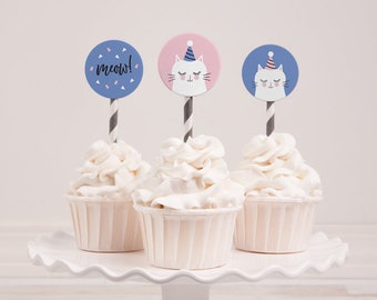 Instant download - Kitty cupcake toppers to print yourself // pink and blue kitty cat cake toppers 2" circles DIY