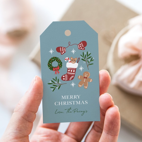 Cute Christmas Gift Tag Template, Editable Personalised Christmas Tag, Illustrated Printable Xmas Tags, Digital Christmas Tag Download