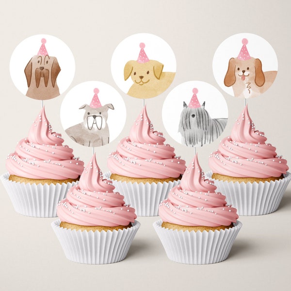 Girls dog theme cupcake toppers, DIY round puppy party cupcake toppers, cute dog birthday printables 501