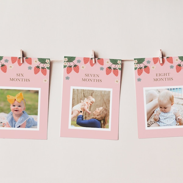 Strawberry 1st Birthday Photo Banner, Editable Strawberry Photo Banner, 12 Month Photo Bunting, 1st Birthday, Berry Sweet Strawberry 890