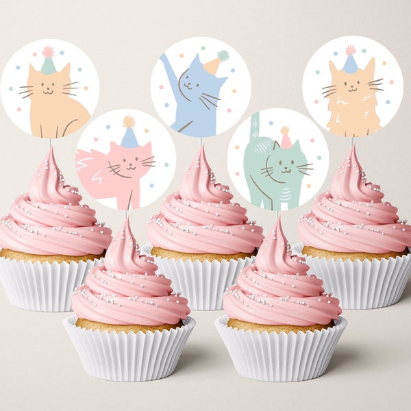 Pastel Rainbow Cat Cupcake Toppers, Cat Party Cupcake Toppers, Round DIY Cat Toppers, Cat Birthday Party Printables, Party Kitties 908
