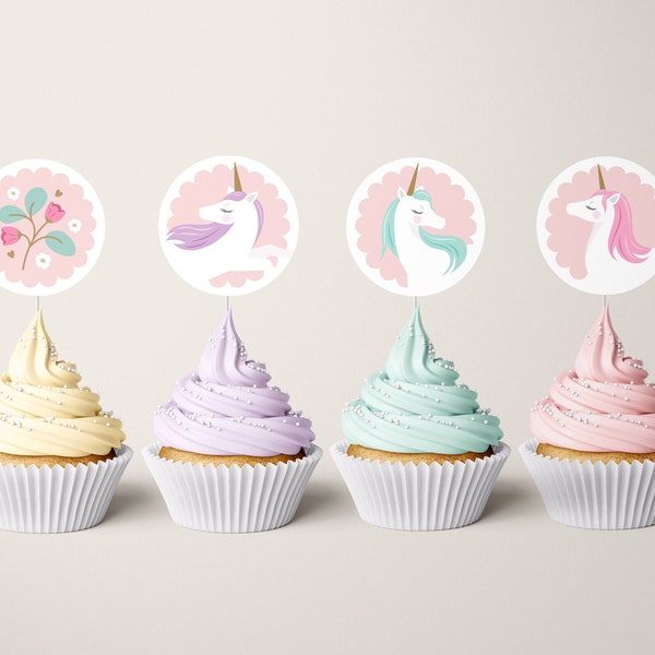 Rainbow unicorn cupcake toppers, DIY Unicorn Toppers, Illustrated Unicorn Party Toppers, Unicorn birthday printables 713