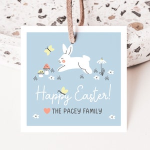 Cute Bunny Easter Gift Tag Template, Instant Download Konijn en vlinder Tag, Cute Happy Easter Tag Template, DIY Square Easter Tags