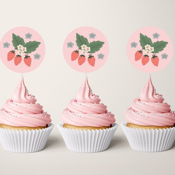 Strawberry Cupcake Toppers, Round Printable Berry Sweet Toppers, Berry Birthday Toppers DIY, Instant Download Berry Sweet Strawberry 890