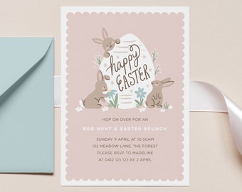 Editable Easter Invitation, Cute Bunny Easter Invitation Template, Easter Bruch Invitation, Egg Hunt Invitation, Easter Birthday Invitation