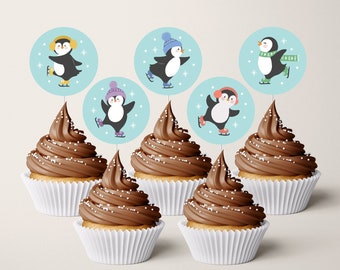 Instant Download Penguin Cupcake Toppers, Ice Skating Penguins, Printable Penguin Toppers, Ice Skating Birthday Party, Penguin Party 345