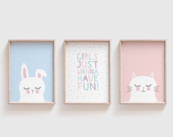 Girls Nursery Prints, Premium Archival Kids Art, Cat and Bunny Wall Art, girls just wanna have fun art print, Set of 3 nursery art prints