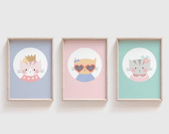 Cute Cat Art Prints set of 3, Girls Pastel nursery art, Cute Kitty faces art print set, Colourful Scandi wall art, Pussy cat illustrations