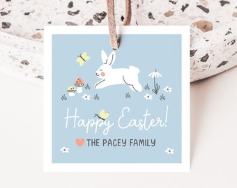 Cute Bunny Easter Gift Tag Template, Instant Download Rabbit and butterfly Tag, Cute Happy Easter Tag Template, DIY Square Easter Tags