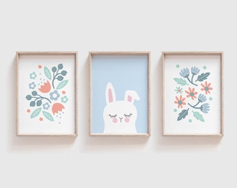 Set of 3 Girls Art Prints, Flowers and bunny art prints, girls teal and blue nursery decor, Pastel Scandinavian rabbit print, colourful art