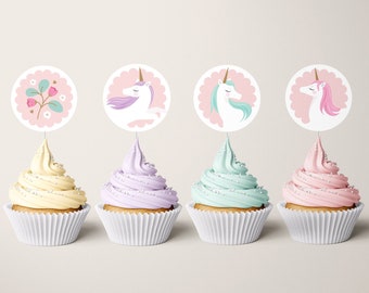 Rainbow unicorn cupcake toppers, DIY Unicorn Toppers, Illustrated Unicorn Party Toppers, Unicorn birthday printables 713