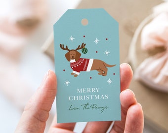 Christmas Dachshund Gift Tag, Personalised Dog Christmas Gift Tag, Kids Christmas Tag Template, Tan Dachshund, Cute Christmas Gift Tag