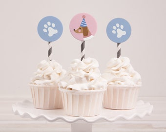 Instant download - Dachshund cupcake toppers to print yourself // pink and blue sausage dog cake toppers 2" circles DIY