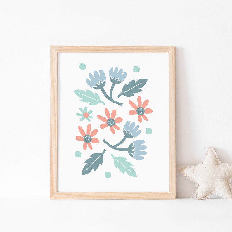 Illustrated botanical print // girls room decor or living room decor // teal, blue and peach // hand-drawn flower art // feminine wall art image 1