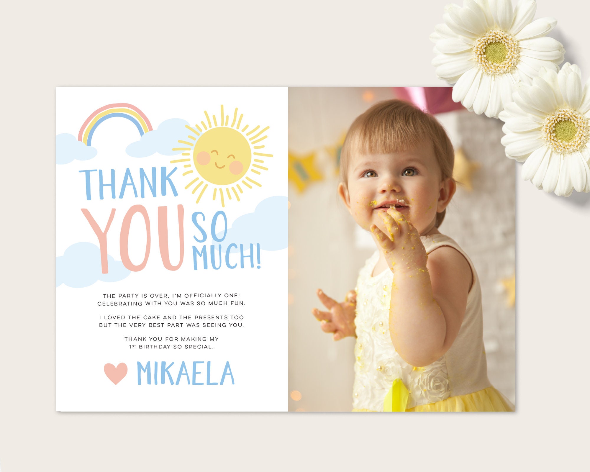 sunshine 1st birthday photo thank you card / rainbow 1st etsy sunshine 1st birthday photo