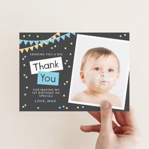 Birthday Boys Photo Thank you card // I customise for you to print // bunting and confetti