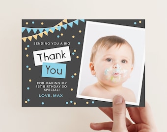 Birthday Boys Photo Thank you card // I customise for you to print // bunting and confetti
