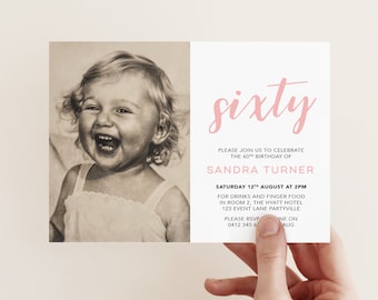 Photo 60th Birthday Invitation card - any age! Sixtieth birthday invitation to print yourself. 70th, 90th, 80th